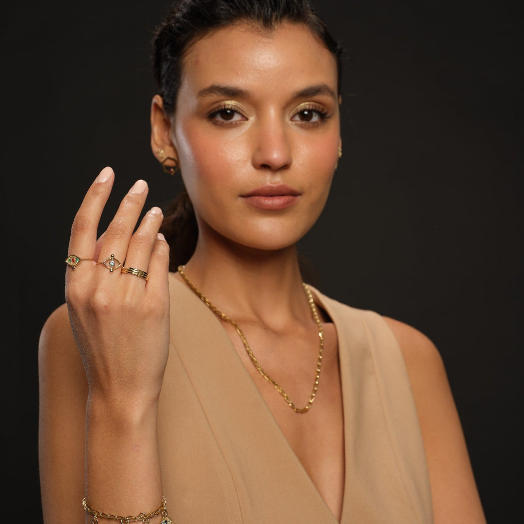 Turuncu Safir ve Zümrütlü Evil Eye Yüzük 